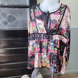 Boheme Luana Printed Multicolor Floral Patchwork Tiered Blouse Woman Size S/M